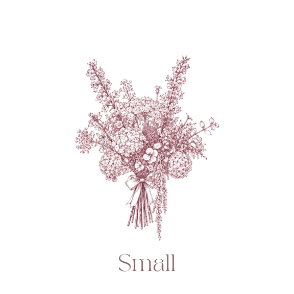A delicate line-art illustration of a small bouquet in muted dusty rose on a white background, with the word 'Small' centered below.