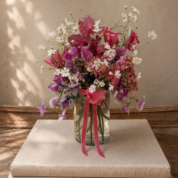 A mixed wildflower bouquet in a clear glass jar vase, tied with a pink ribbon, displayed on a beige book atop a rustic wooden surface against a textured beige wall.