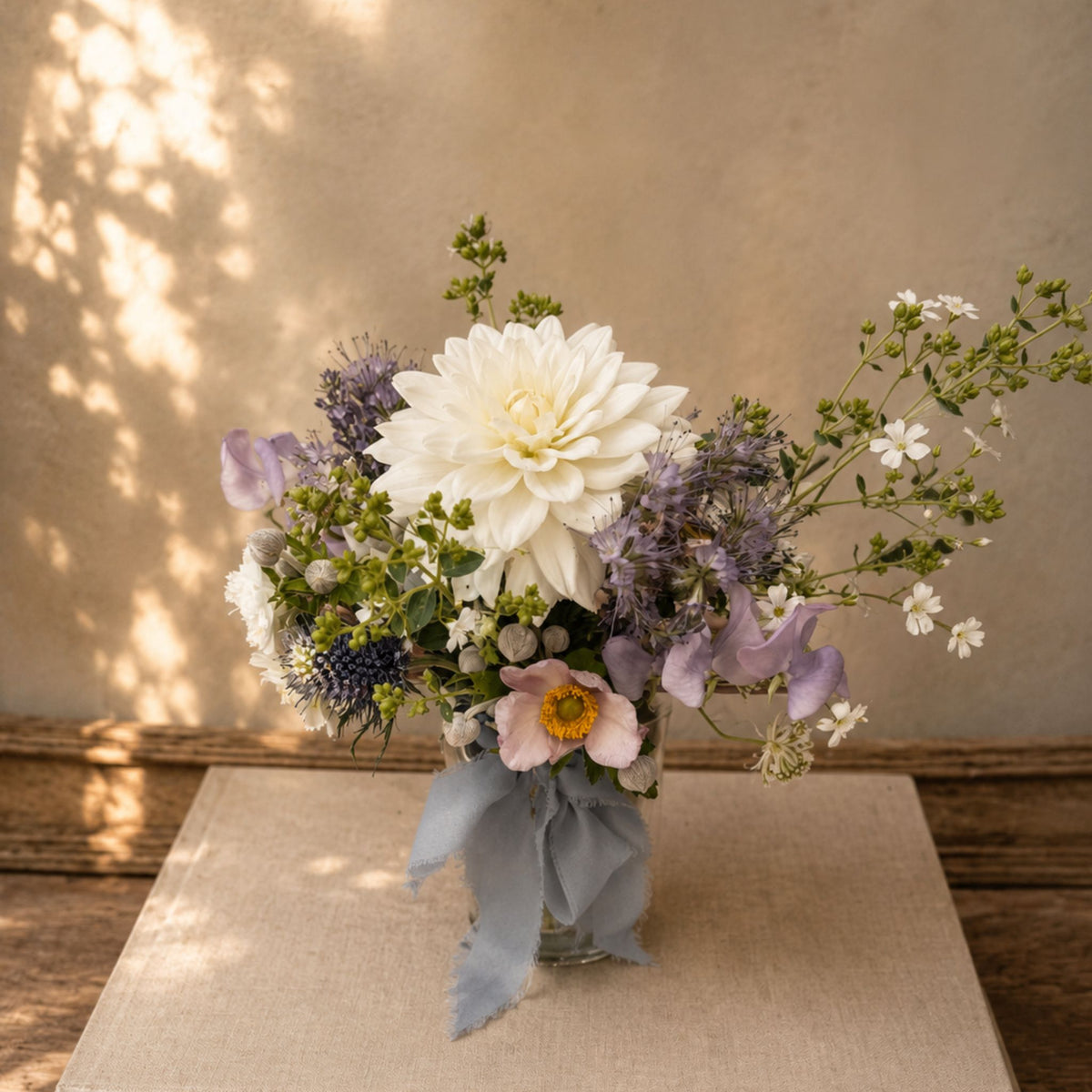 blue and purple jam jar posy 